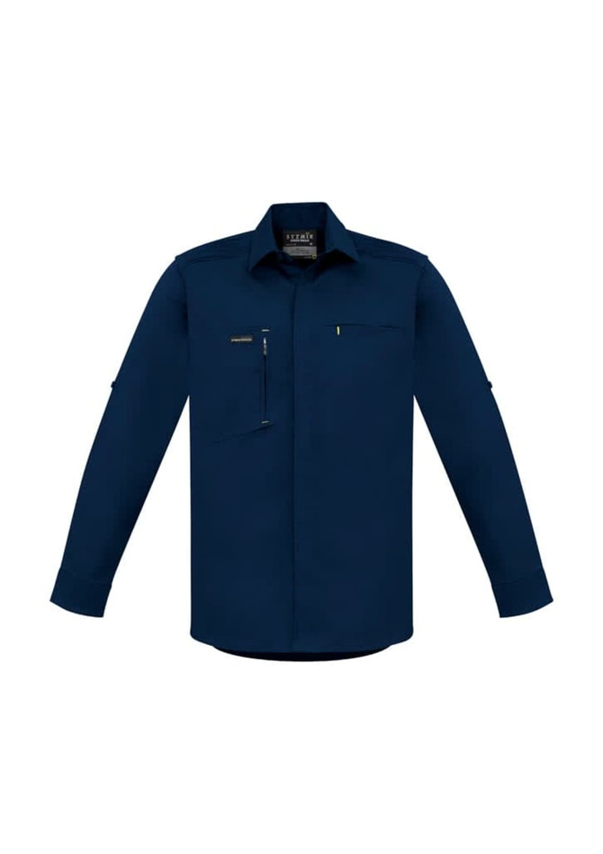 A navy long-sleeve stretch shirt with a chest pocket and branding. Suitable for workwear use.