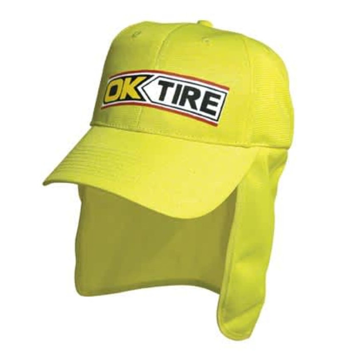 A bright yellow safety cap with a flap at the back and a logo on the front.
