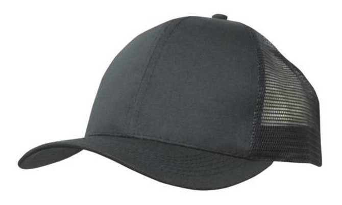 A black breathable poly twill cap with a mesh back and a curved peak. It features a logo on the front.