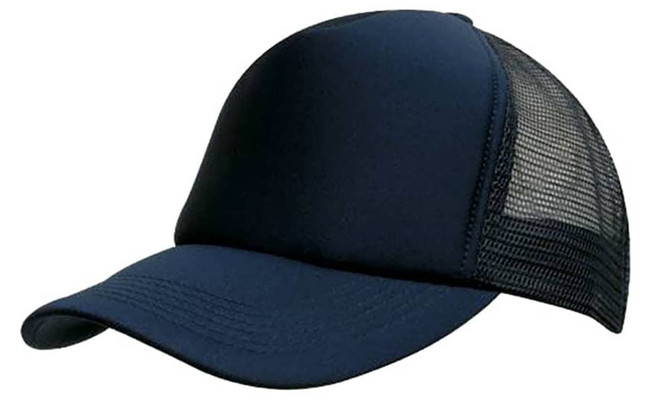 A navy kids trucker cap featuring a solid front and mesh back, designed for ventilation and comfort.