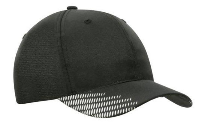 A black cap featuring breathable poly twill material and a peak with flash print. Includes a logo.