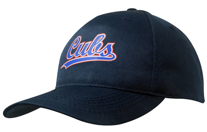 A navy blue cap made from breathable poly twill, featuring a logo on the front.