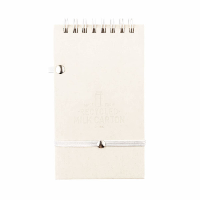 A white notepad made from recycled materials, featuring a spiral binding and a secure closure. It includes a pen.