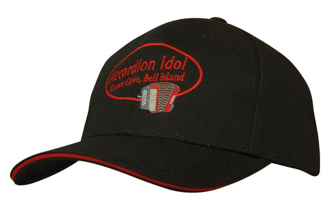 A black cap with red sandwich trim and an embroidered logo featuring an accordion design.