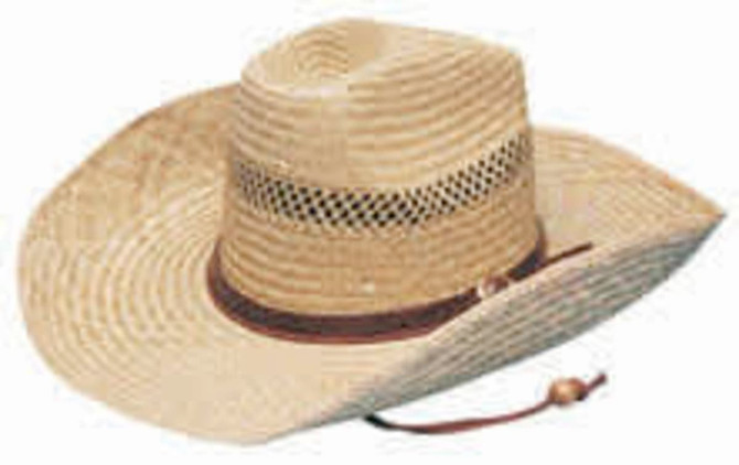 A large, light brown cowboy straw hat with a woven texture and a brown band around the base.