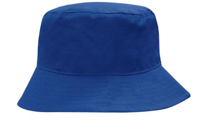 A blue breathable poly twill bucket hat with a wide brim and a simple design, featuring a logo.