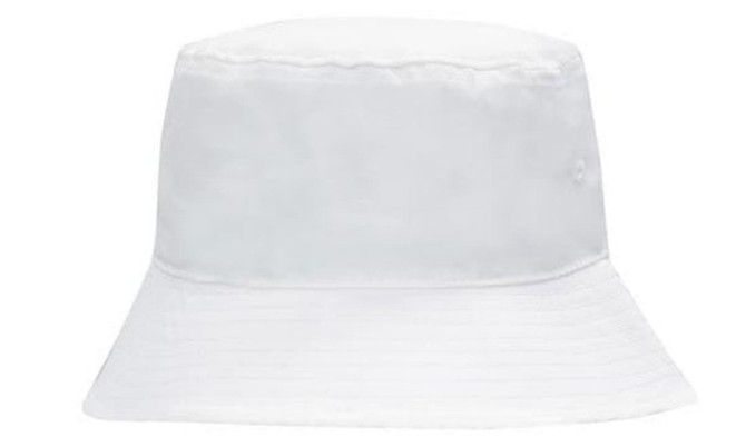 A white breathable poly twill bucket hat featuring a wide brim and a logo.