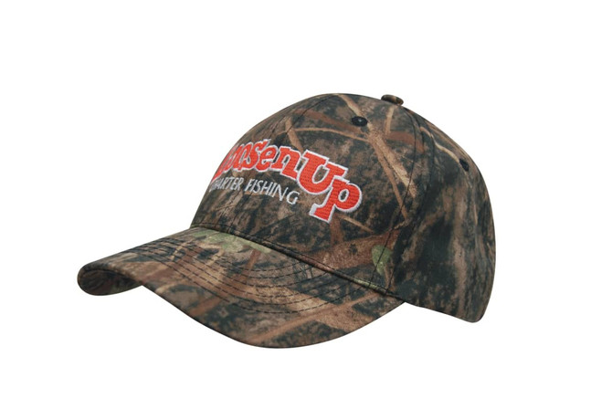 A camouflage cap featuring a bold logo on the front, with various shades of green and brown throughout the design.
