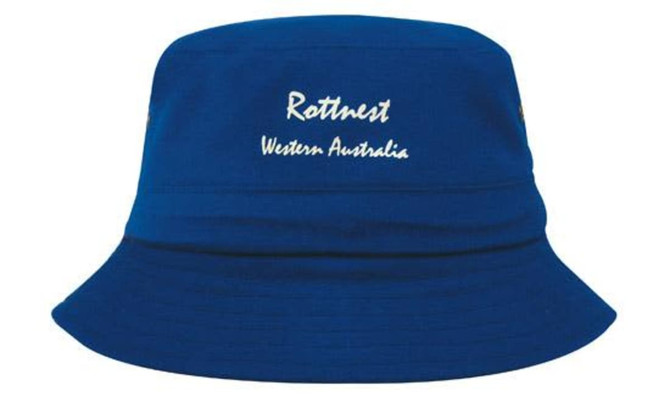 A blue bucket hat with a stitched logo. The hat features a wide brim and has a medium depth.