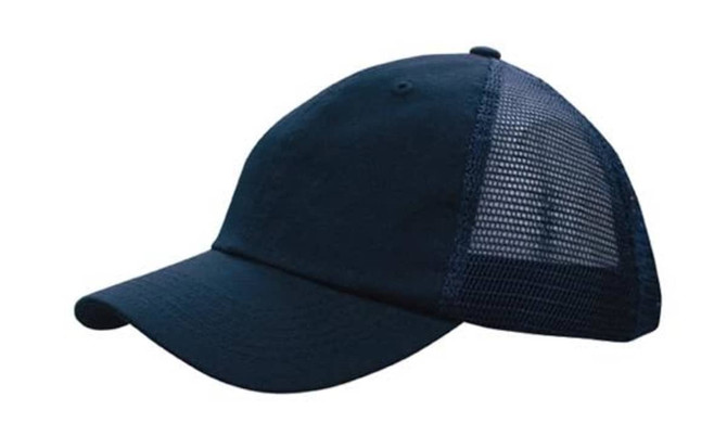 A navy blue cap featuring a soft mesh back and a curved brim, complete with a logo.