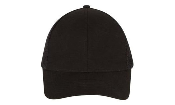 A black trucker cap featuring a brushed cotton front and mesh back, with an unembellished design.