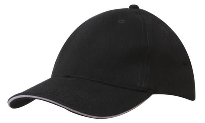 A black cap featuring a sandwich trim and a logo. It has a curved brim and is made of brushed heavy cotton.