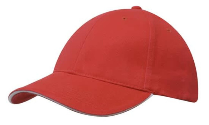 A red cap with a sandwich trim and a logo, made from brushed heavy cotton.