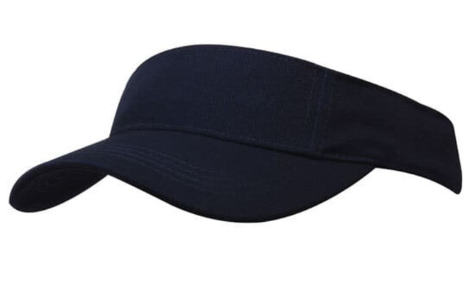 A navy blue brushed heavy cotton visor with a wide brim and an adjustable band, featuring a logo on the front.