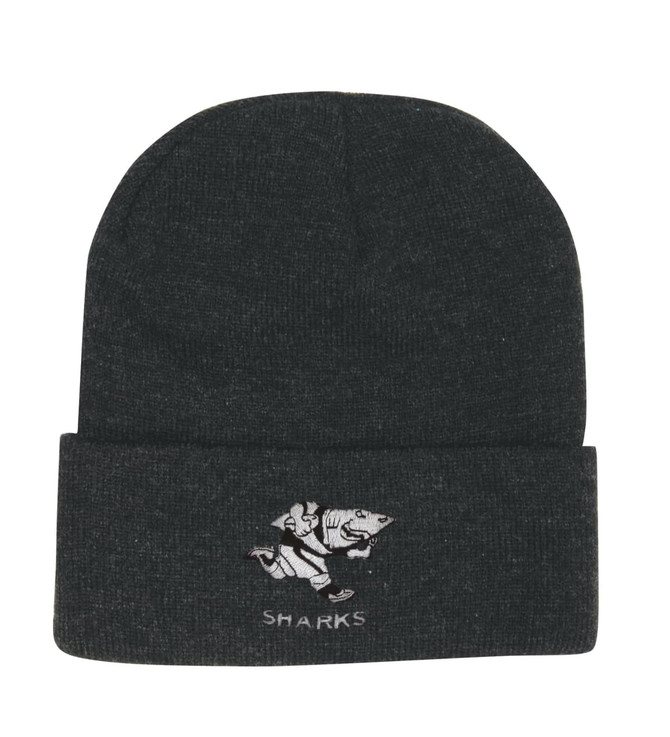 A dark grey beanie featuring a logo and a folded cuff.