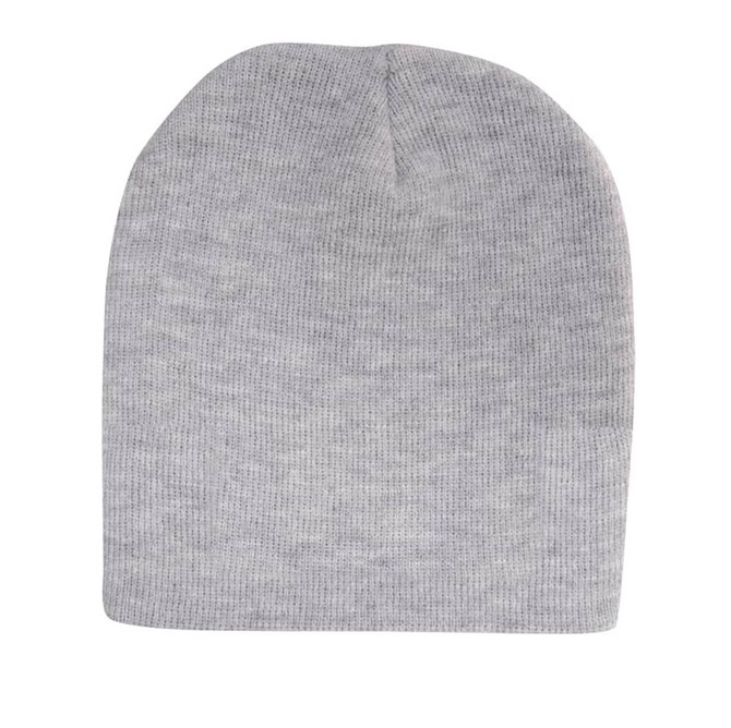 A rolled down acrylic beanie in a soft grey colour, featuring a simple design with no visible branding.