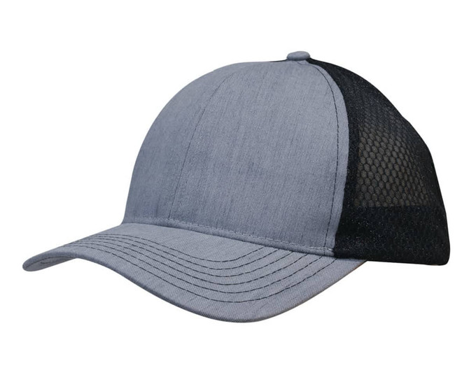 A grey cap with a brushed poly cotton marle front and honeycomb mesh side panels. It features a logo.