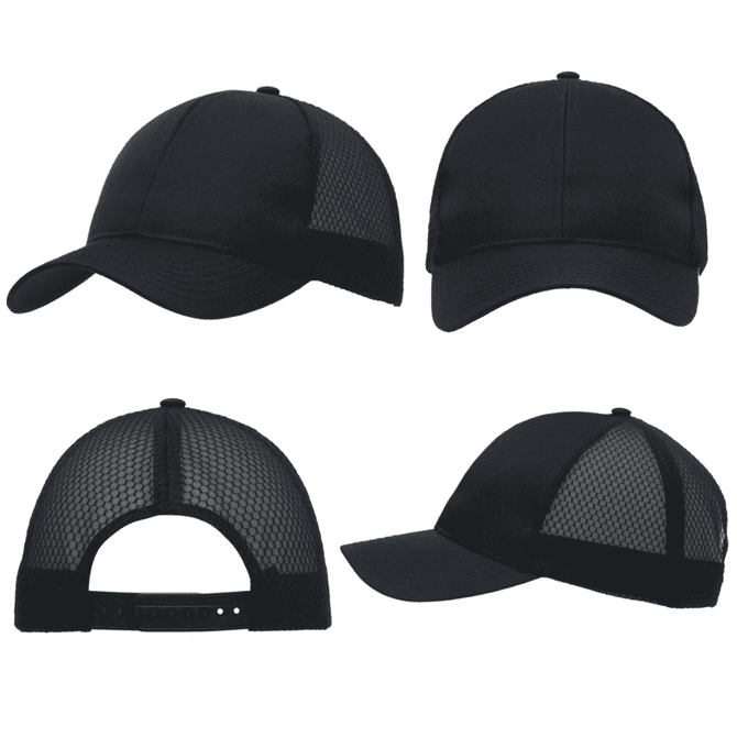 A black cap featuring breathable poly twill and honeycomb mesh, displayed from multiple angles.