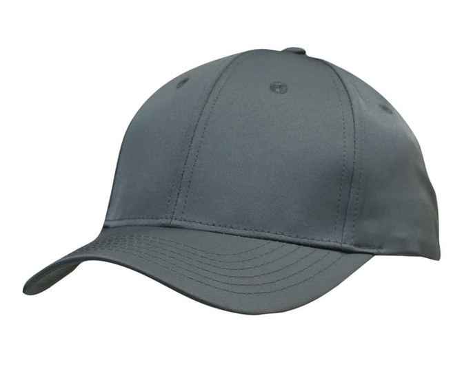 A grey cap featuring a curved brim and a branding logo. The fabric has a smooth finish.