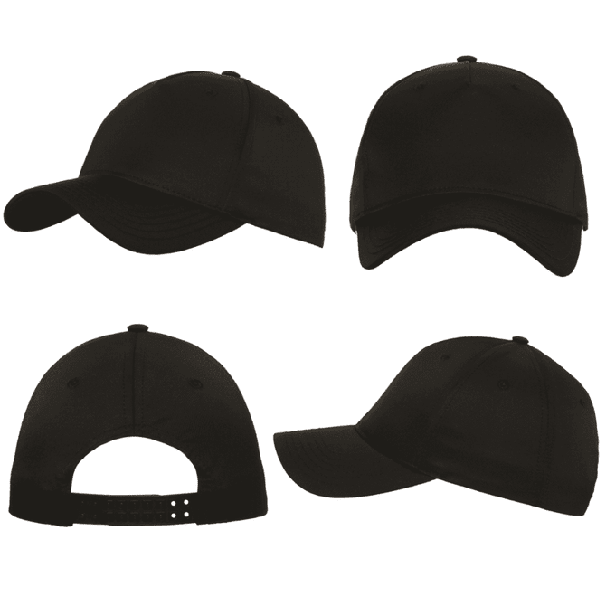 A black sports cap featuring a curved brim, adjustable strap at the back, and a logo. Multiple angles displayed.