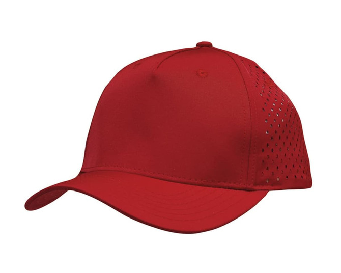 A red cap featuring tear drop perforations and a logo on the side. Ideal for sports and casual wear.