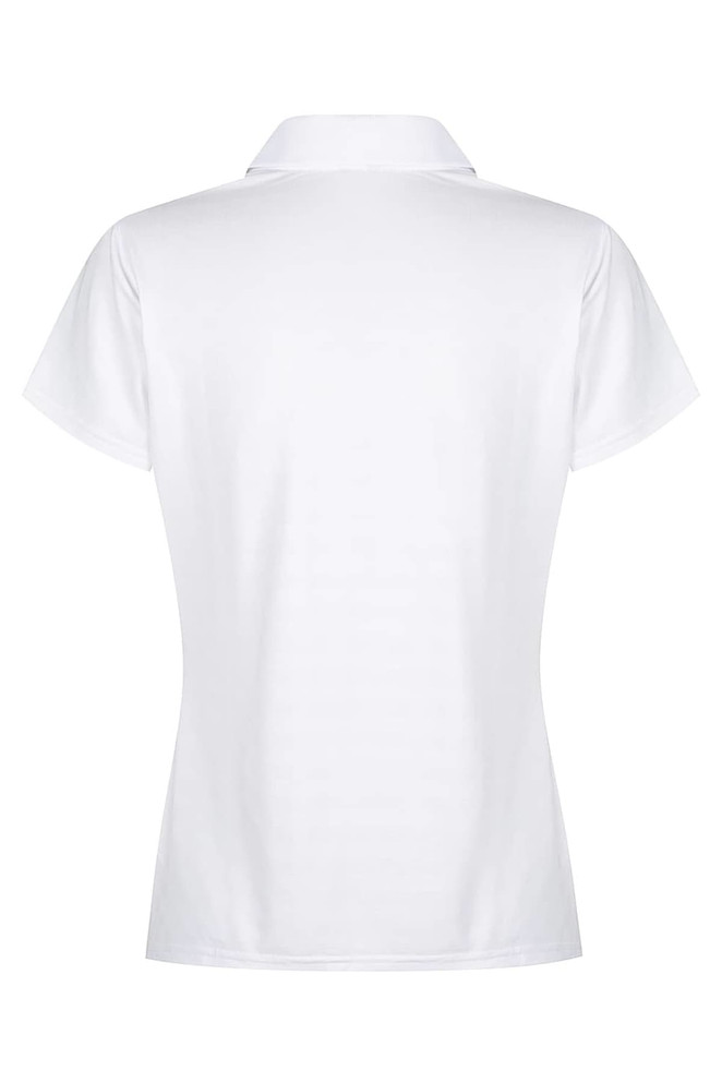 A white polo shirt with a classic collar, featuring a back view. The shirt has a logo at the collar.