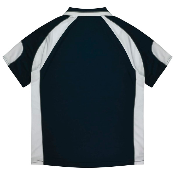A navy polo shirt featuring light grey accents, with a smooth fabric and a collar. Includes a logo on the front.