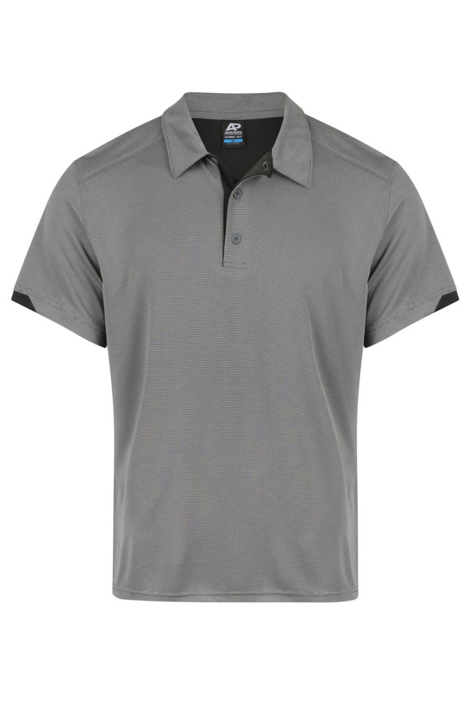 A grey polo shirt featuring a collared neckline and short sleeves. It has a logo on the front.