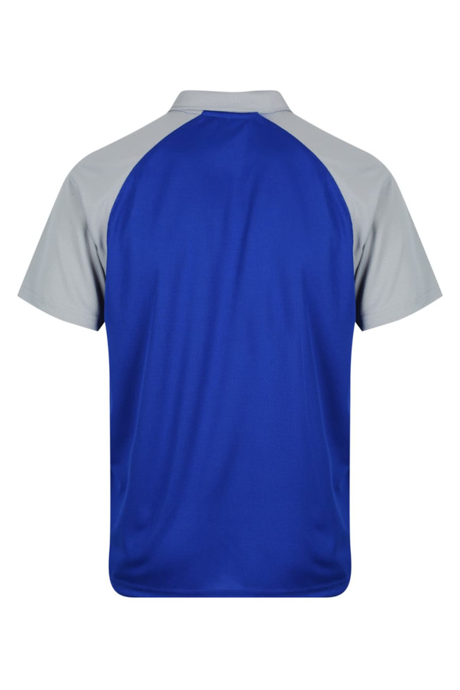 A polo shirt featuring a blue back and grey sleeves, with a logo on the design.