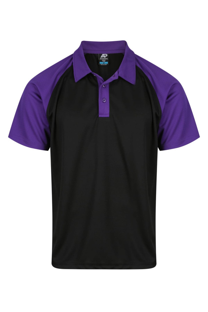 A black and purple polo shirt featuring a logo on the chest, designed for men.