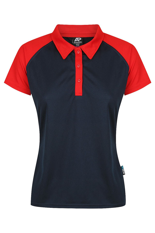 A polo shirt featuring a navy body and red sleeves, with a collar and button placket, plus a logo.