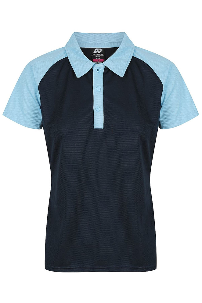 A navy and light blue polo shirt with a collared neckline and buttons, featuring a logo on the chest.
