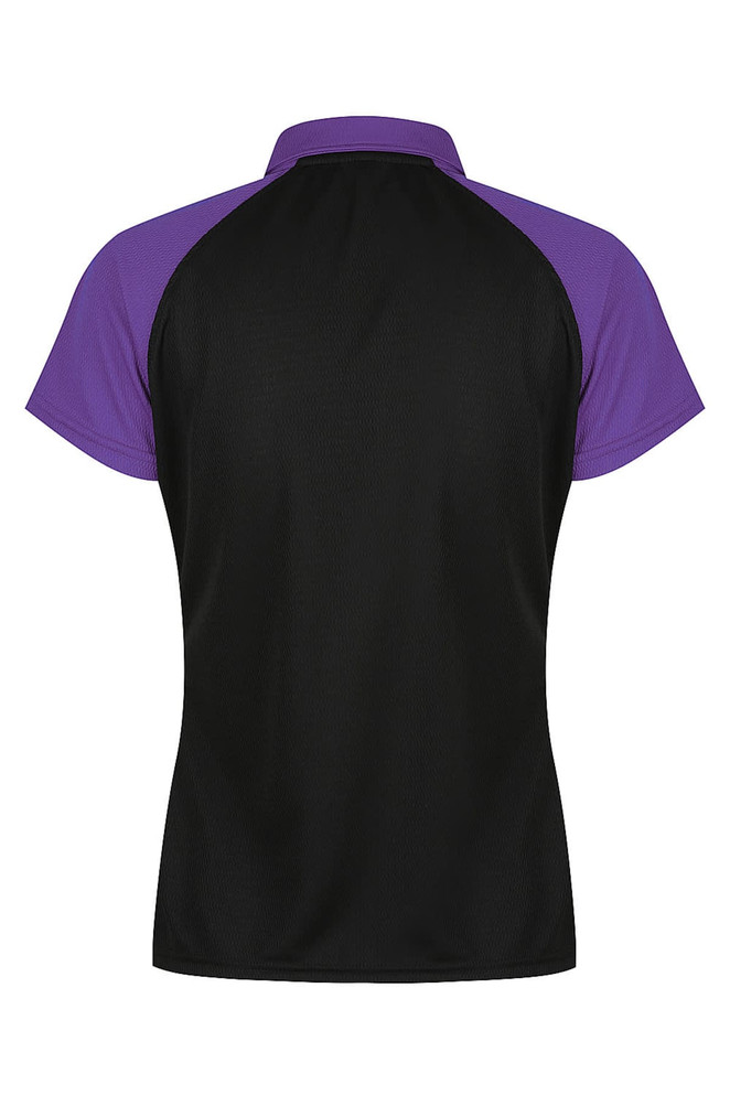A polo shirt featuring a black body and purple sleeves, with a logo on the design.
