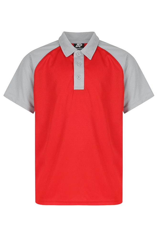 A red and grey polo shirt with a collar and three buttons, featuring a logo on the chest.