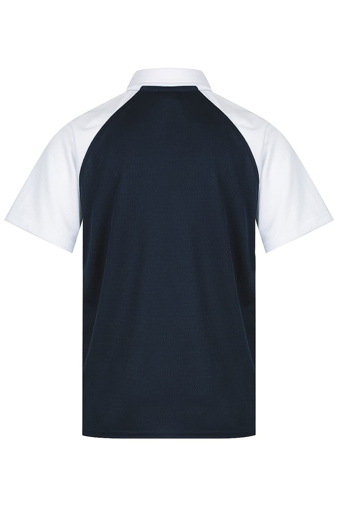 A navy and white polo shirt with a raglan sleeve design and a logo on the back.
