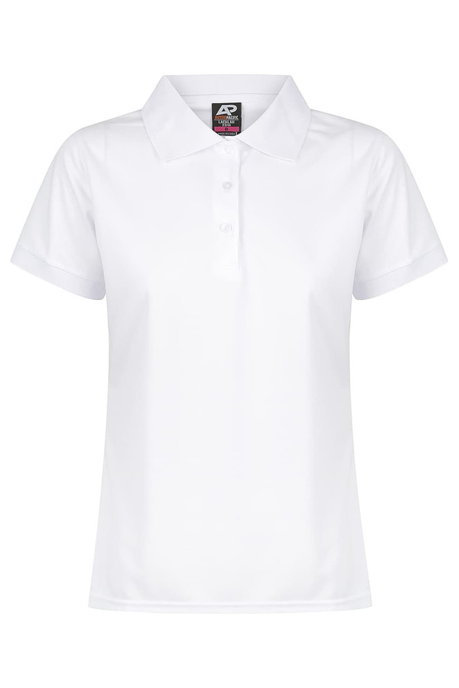 A white polo shirt with a collared neckline and short sleeves, featuring a logo on the label.