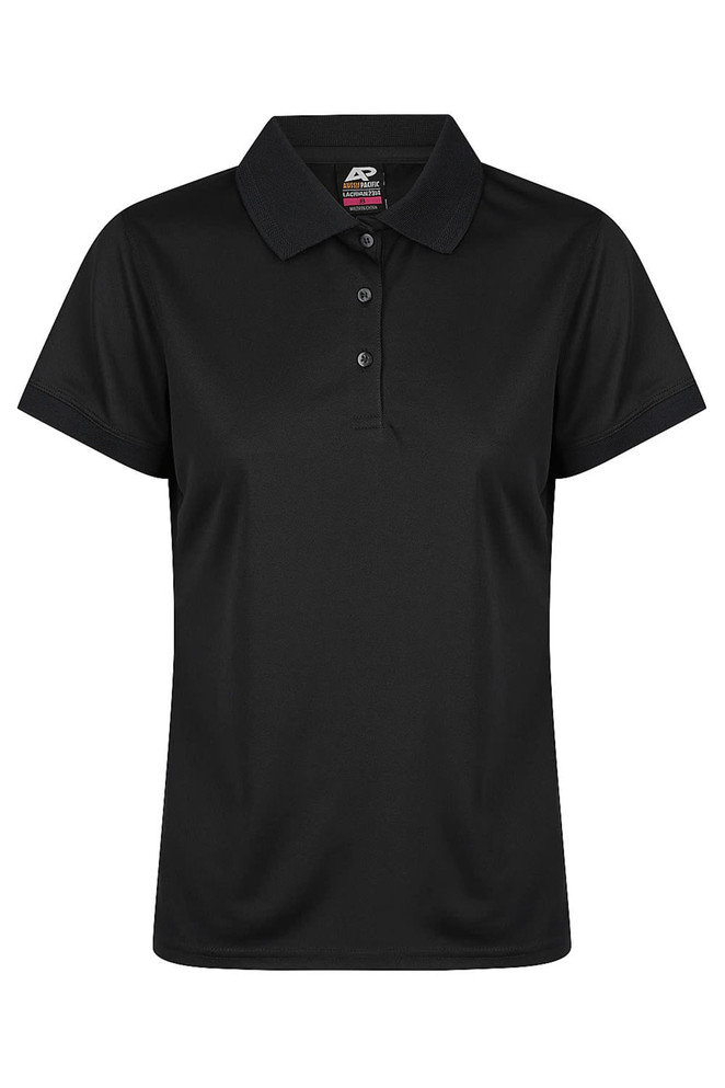 A black polo shirt with a classic collar and button placket, featuring a logo on the label.