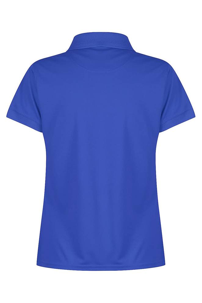 A blue polo shirt with a standard collar and short sleeves, featuring a logo on the back.