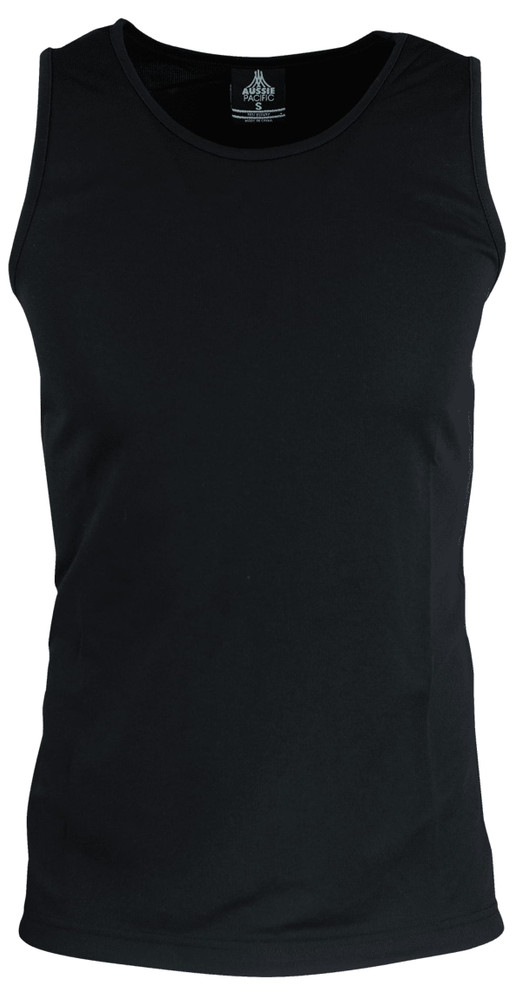 A black men's singlet with a round neckline, featuring a tag at the back and smooth fabric.