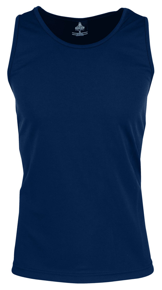 A navy blue men's singlet with a round neck and a simple design, featuring a small logo.