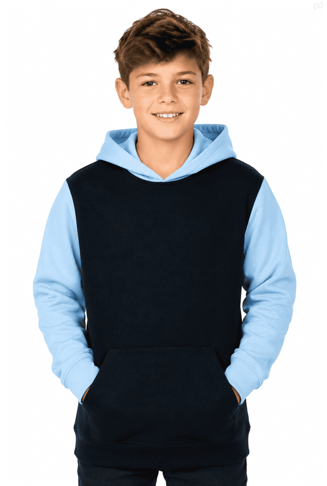 A hoodie featuring a blue front and black sleeves, worn by a smiling boy with hands in pockets.
