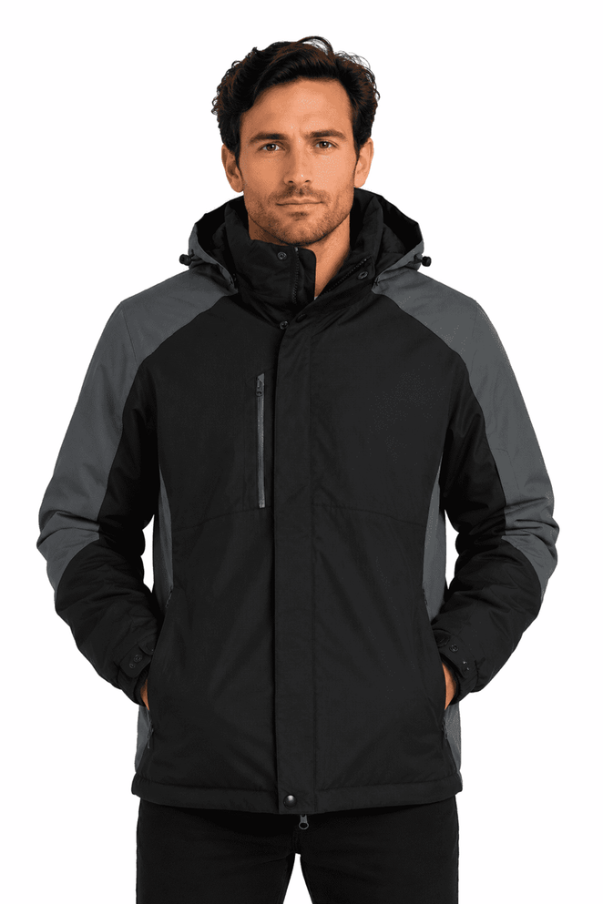 A black and grey men's jacket with a hood and zippered pockets, featuring a branding logo.