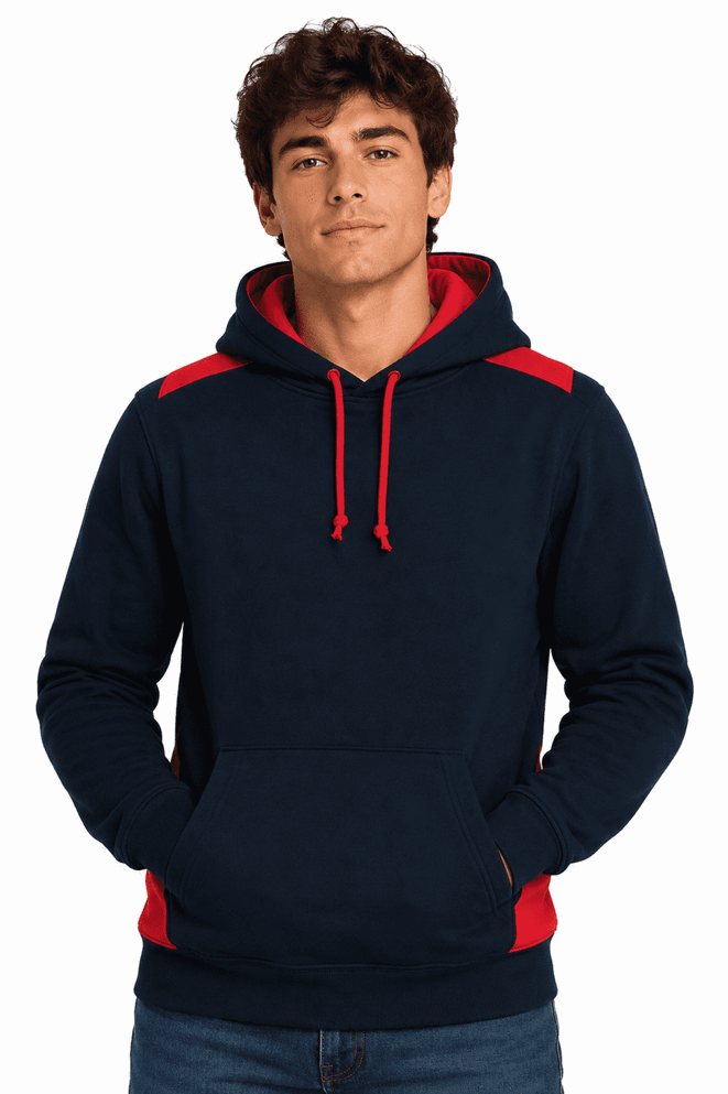 A navy hoodie with red accents, featuring a front pocket and a hood, with a logo present.