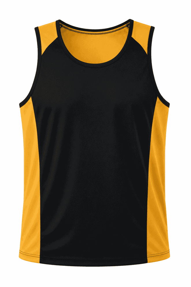 A black and yellow men's singlet featuring a sporty design and a logo on the front.