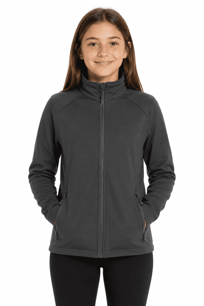 A soft shell jacket in dark grey, featuring a front zipper and side pockets, designed for kids.