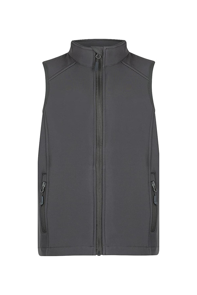 A grey kids' vest with a zip front and two side pockets, featuring a logo on the chest area.