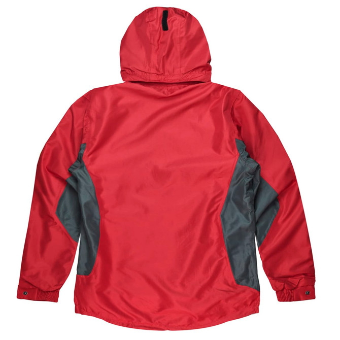A red jacket with grey side panels and a hood. Features logo branding.