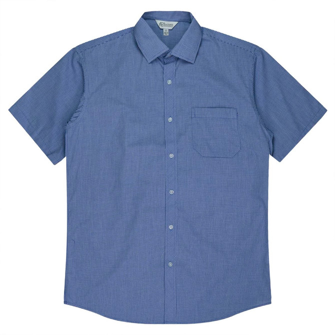 A short-sleeve, button-up shirt in blue gingham pattern with a chest pocket and a logo.