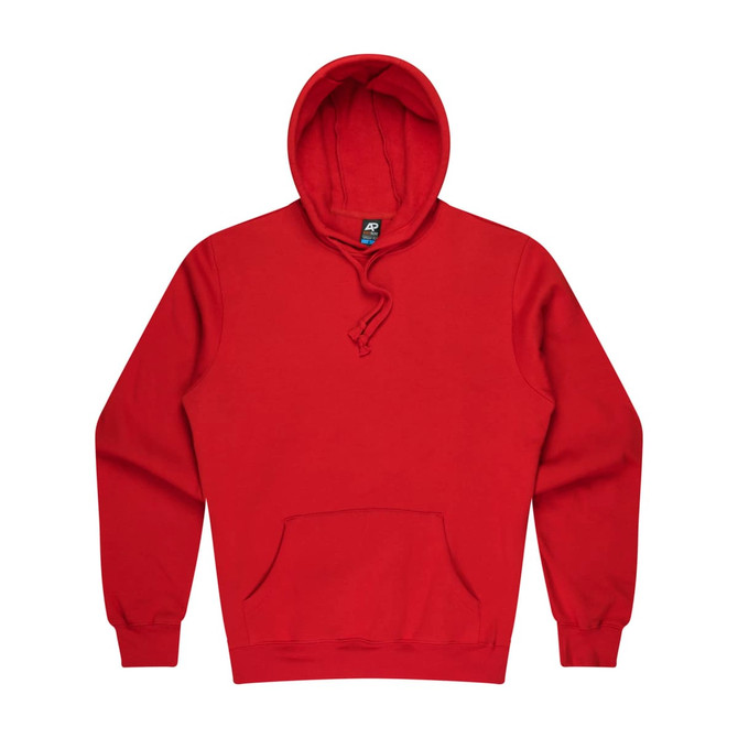 A red hoodie with a front pocket and a snug hood, featuring a logo.