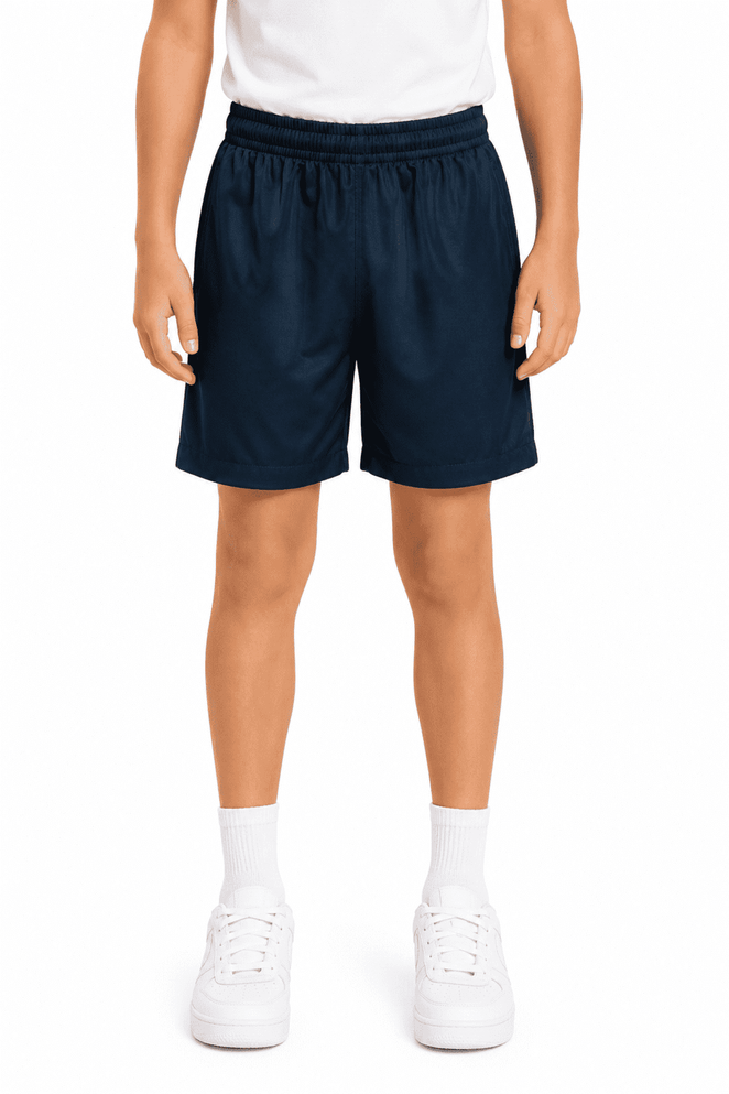 Navy sports shorts with an elastic waistband, designed for kids, featuring a logo.